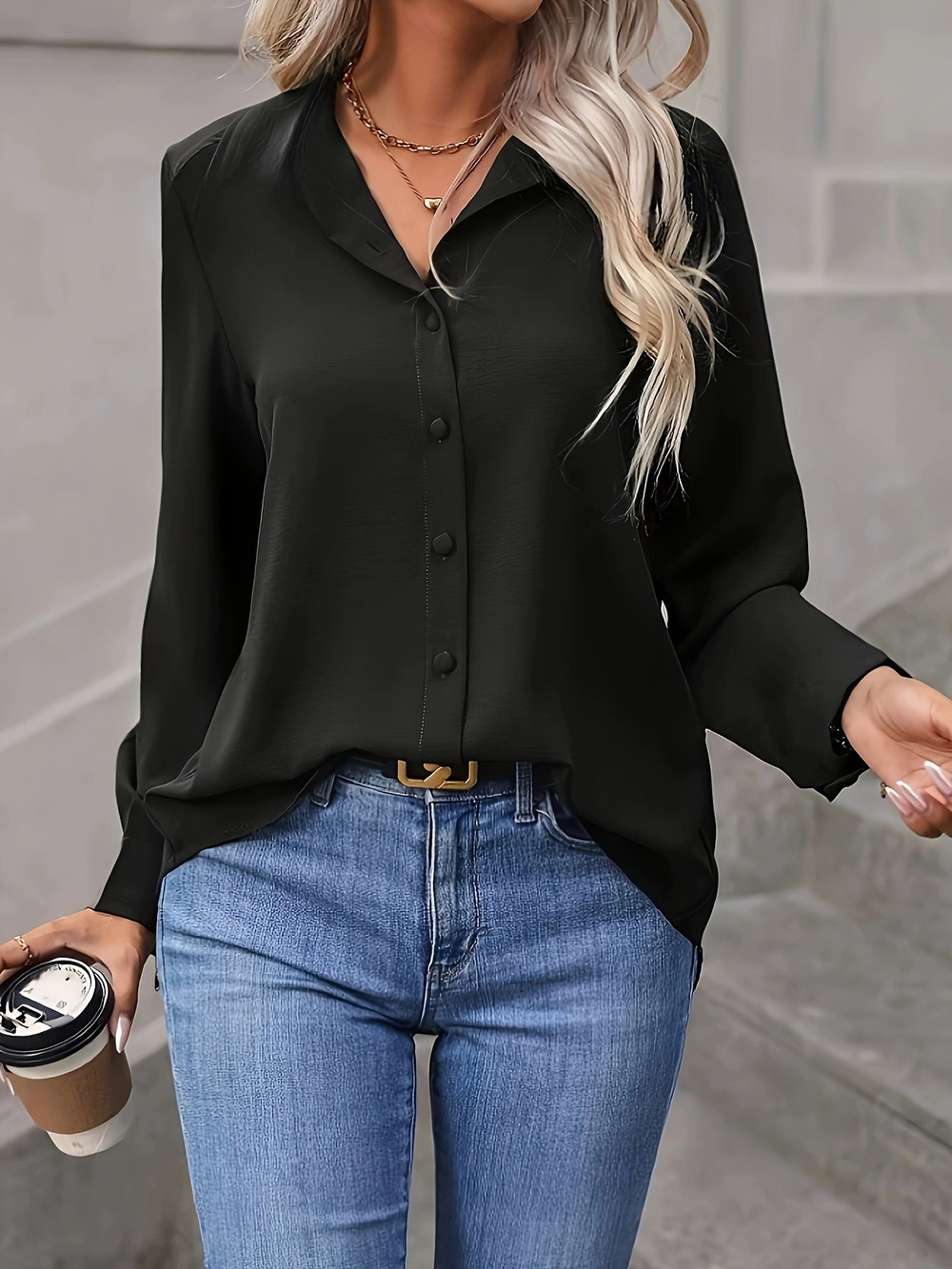 ZARA Women Solid Color Autumn Lapel Long Sleeve Casual Chic Shirt